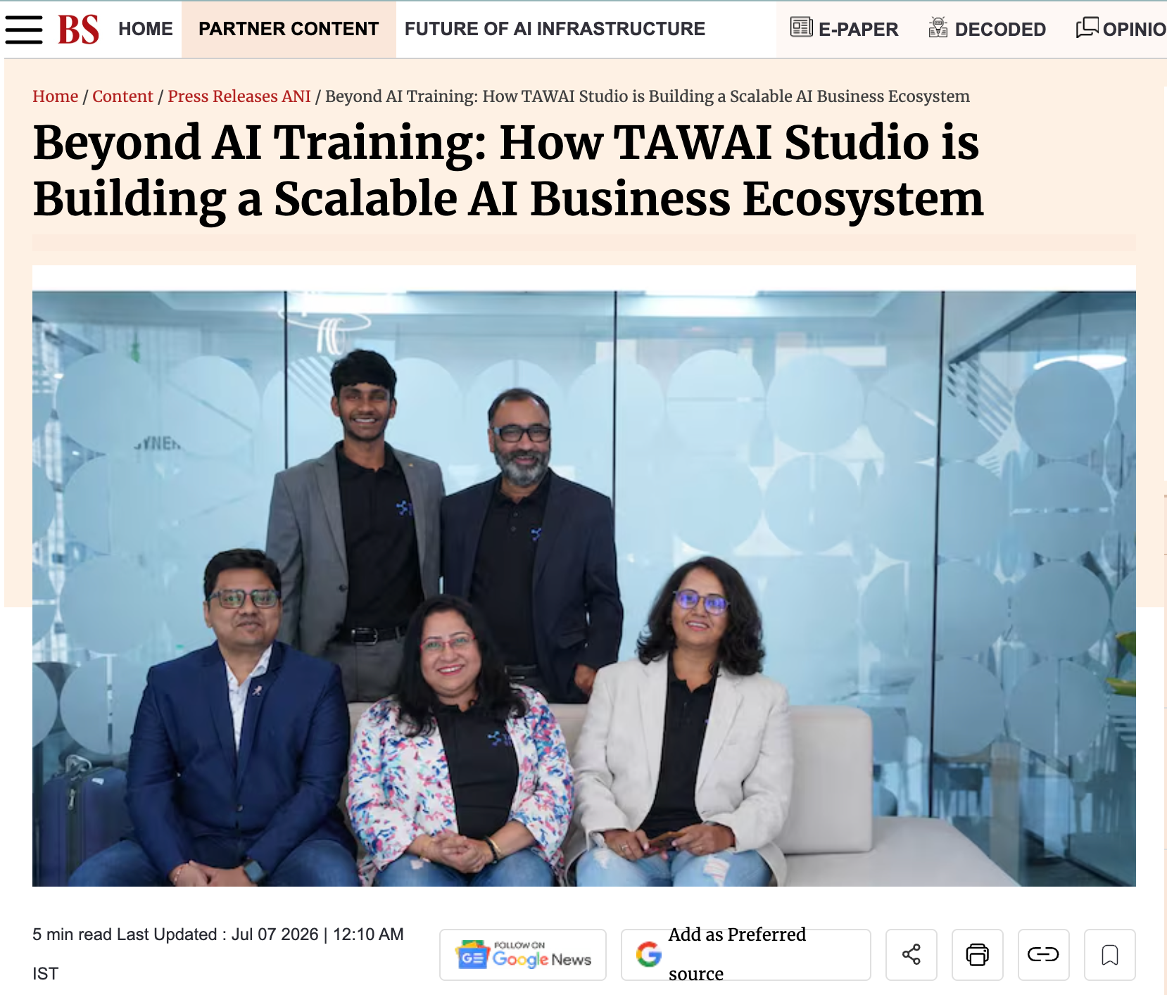 Business Standard article featuring the founder of AI Creator Studio